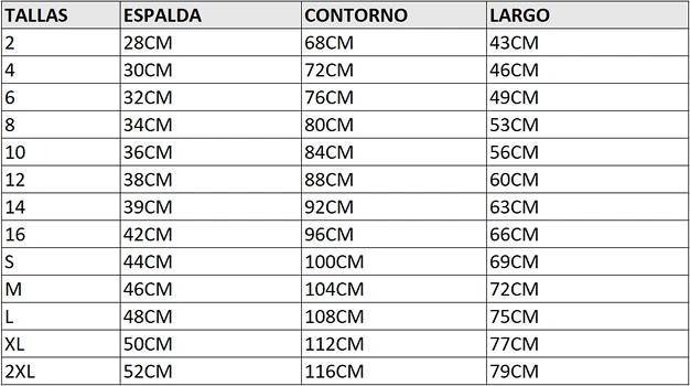Tabla de tallas con medidas de espalda, contorno y largo para ropa La Tarumba