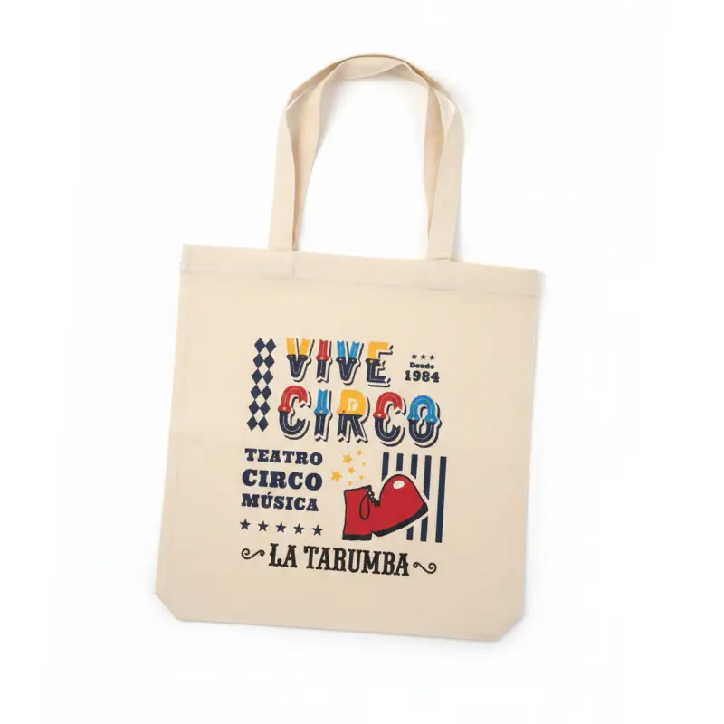 Bolsa de tela con diseño colorido que dice 'Vive Circo' y logo de La Tarumba bolso