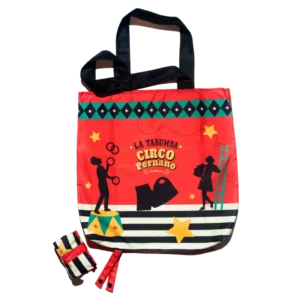 Bolso plegable con diseño de circo peruano y personajes coloridos bolso plegable circo peruano