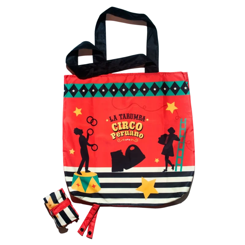 Bolso plegable con diseño de circo peruano y personajes coloridos bolso plegable circo peruano