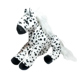 Caballo de peluche con manchas negras sobre fondo blanco caballo de peluche La Tarumba