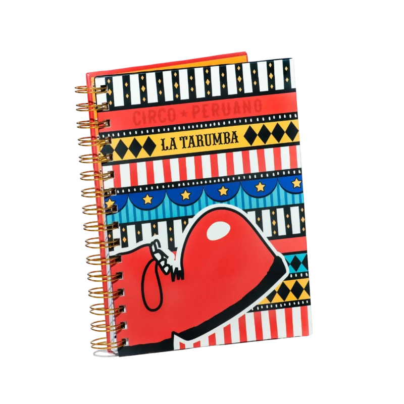 Cuaderno A5 con diseño colorido de bota de circo La Tarumba cuaderno bota tarumba