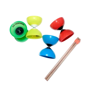 Diábolos de colores verde, amarillo, rojo y azul con palo para malabares diábolo de circo