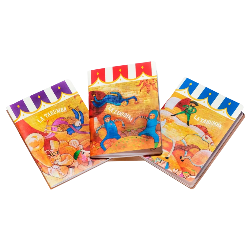 Tres libretas ilustradas de La Tarumba con diseños de circo coloridos libretas mural