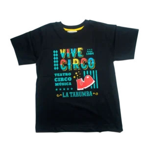 Polo negro con diseño colorido que dice 'Vive Circo' polo circo