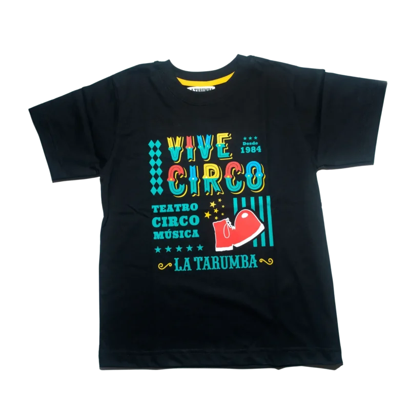 Polo negro con diseño colorido que dice 'Vive Circo' polo circo