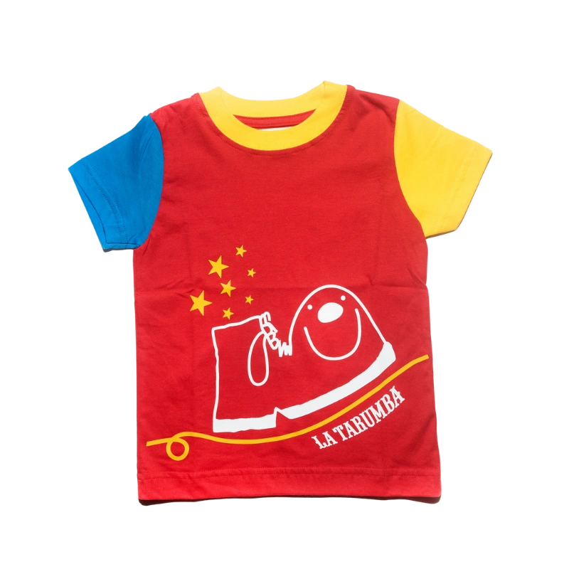Polo rojo y amarillo para niños con diseño de bota feliz de La Tarumba polo bota