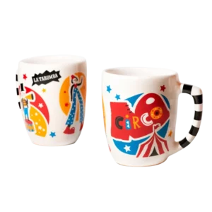 Taza de cerámica con ilustraciones de circo y colores vibrantes taza bota circo
