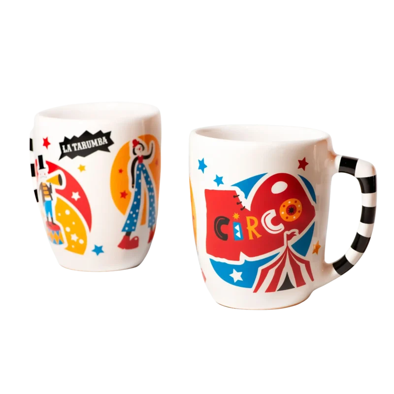 Taza de cerámica con ilustraciones de circo y colores vibrantes taza bota circo