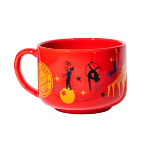 Taza roja decorada con siluetas de artistas de circo taza circo roja
