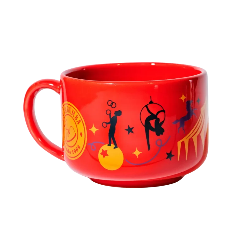 Taza roja decorada con siluetas de artistas de circo taza circo roja