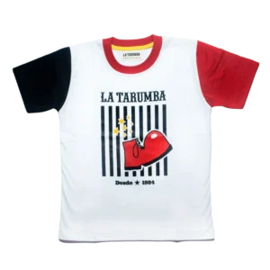 Polo blanco con mangas rojas y negro, diseño de circo polo bota institucional