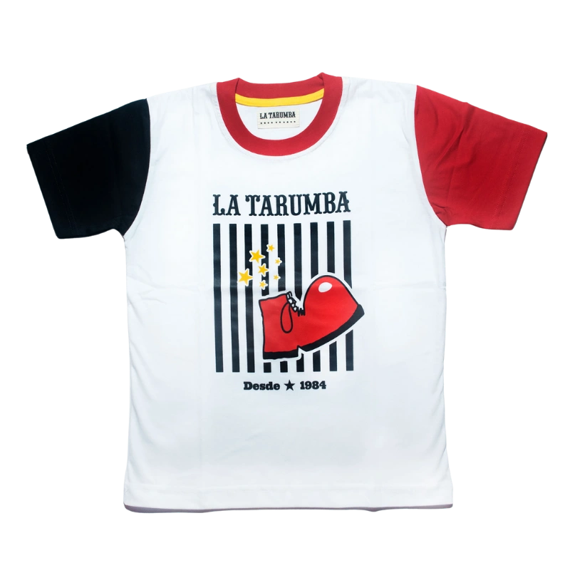 Polo blanco con mangas rojas y negro, diseño de circo polo bota institucional