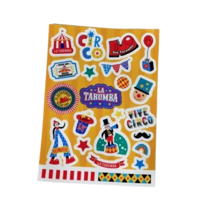 Coloridos stickers de La Tarumba con temática de circo y personajes divertidos