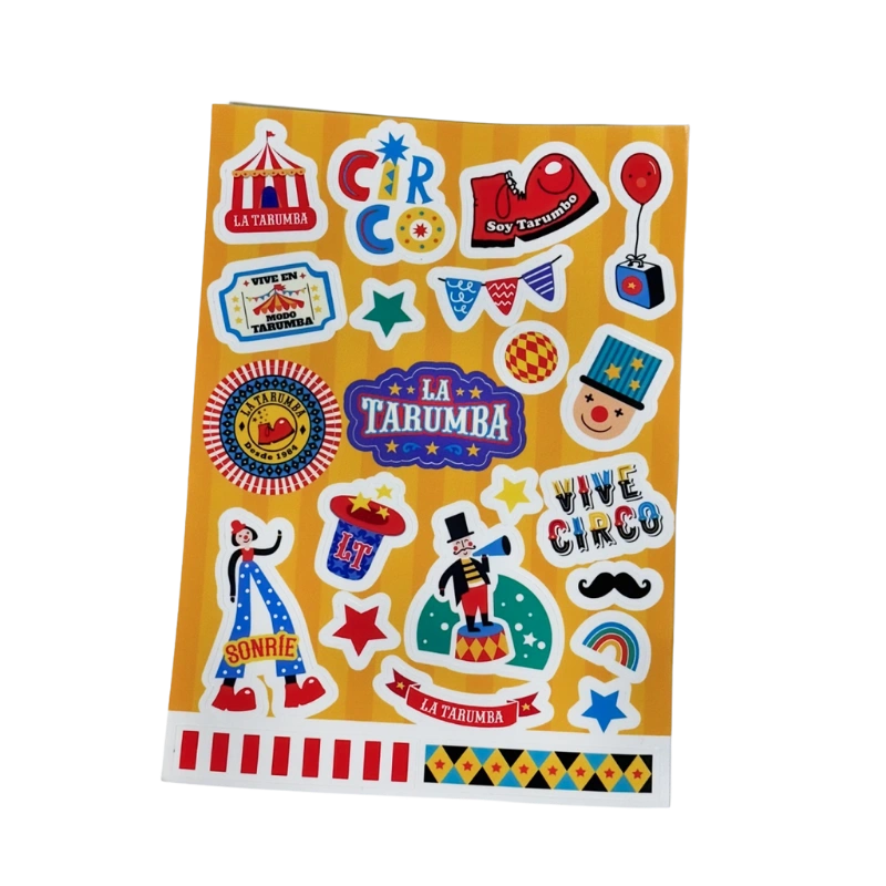 Coloridos stickers de La Tarumba con temática de circo y personajes divertidos