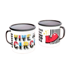 Taza de metal con diseño colorido que dice Vive Circo taza enlozada circo