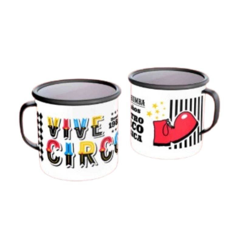 Taza de metal con diseño colorido que dice Vive Circo taza enlozada circo